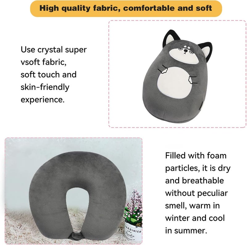 stocaggio Kids Travel Pillow - 2-in-1 Deformable Kids Neck Pillow for Traveling, Soft U-Shaped Pillow with Adorable Animal Design, Comfy Sleep and Play, Ideal for Airplanes and Cars - Gray Husky - Image 4